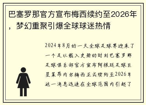 巴塞罗那官方宣布梅西续约至2026年，梦幻重聚引爆全球球迷热情