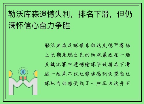 勒沃库森遗憾失利，排名下滑，但仍满怀信心奋力争胜